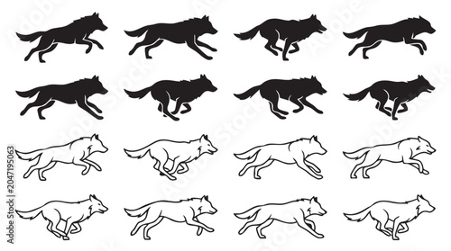 Set of running wolf silhouettes in black and white styles for animation sequences.