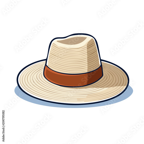 Flat design illustration of a straw hat with brown band