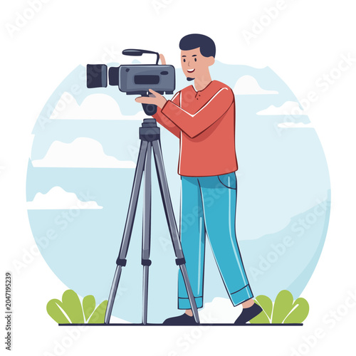 Man filming with a video camera on a tripod