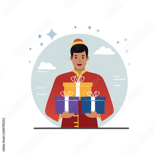 Man in traditional clothing holding gift boxes