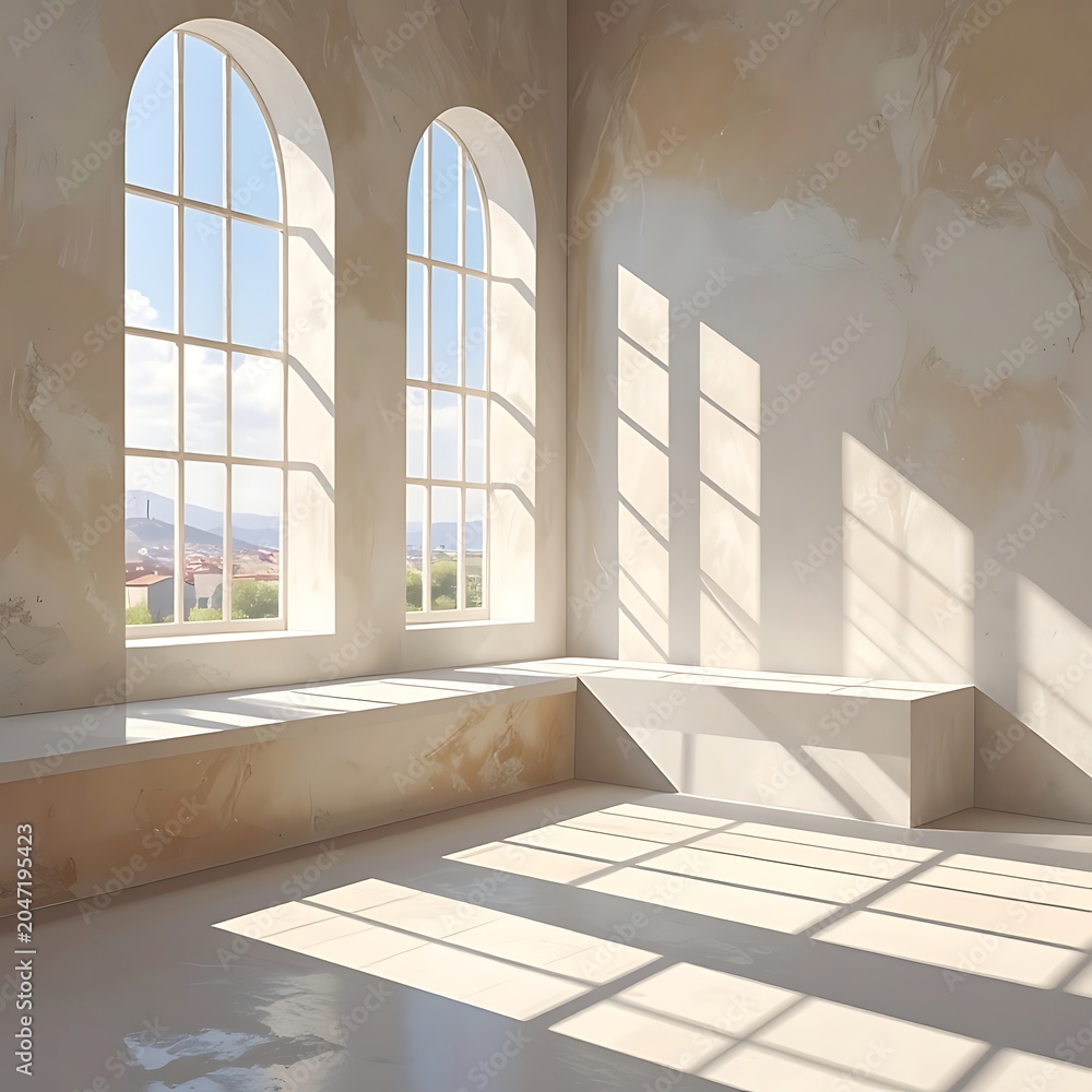 Fototapeta premium empty room with large windows and sunlight.