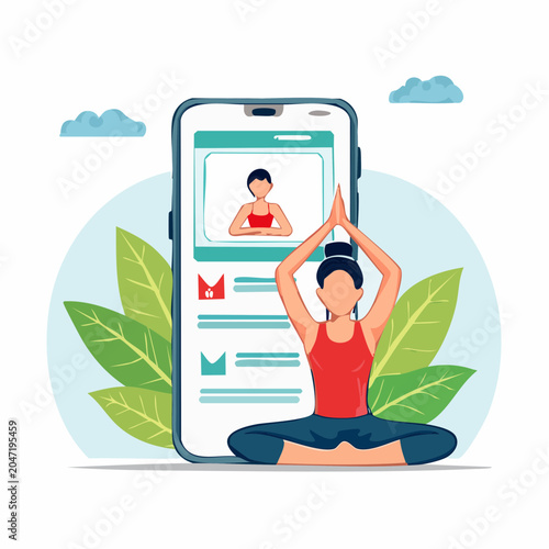 Woman practicing yoga in front of a smartphone screen