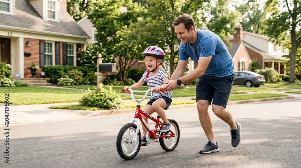 Obraz premium Father supporting child on first bicycle ride through neighborhood street. Joyful child in helmet enjoying new bike experience with supportive father by side.