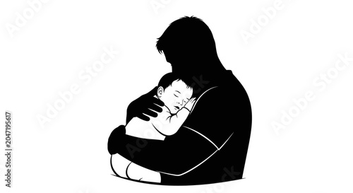 Obraz na płótnie Silhouette of a man holding a sleeping baby in his arms conveying love and prote