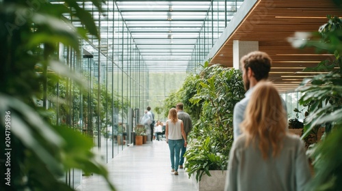 People walking through a modern office hallway filled with lush green plants and natural light