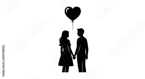 Schilderij op canvas Loving couple silhouette holding hands with heart balloon