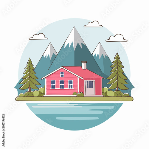 Pink House in Mountain Landscape with Lake