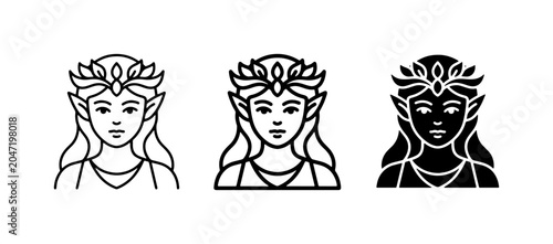 Foto Fantasy Elf Woman Icons, Mythical Creature Portraits, Elegant Goddess Vector Gra