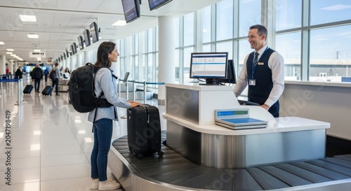Woman checking in at airport counter with luggage and airline staff.