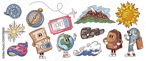Travel Icons Set with groovy cartoon characters including backpack, globe, key, map, ticket, ocean wave, sun, mountains and accessories. Travel icons set in retro outline style vector illustration.