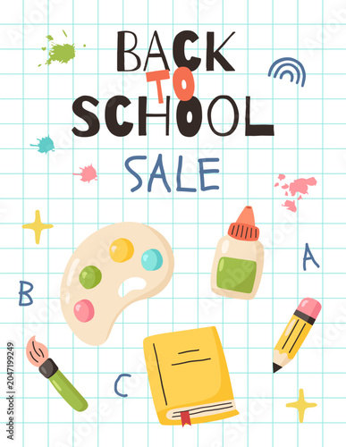 Back to school sale poster with school supplies. Vector illustration 