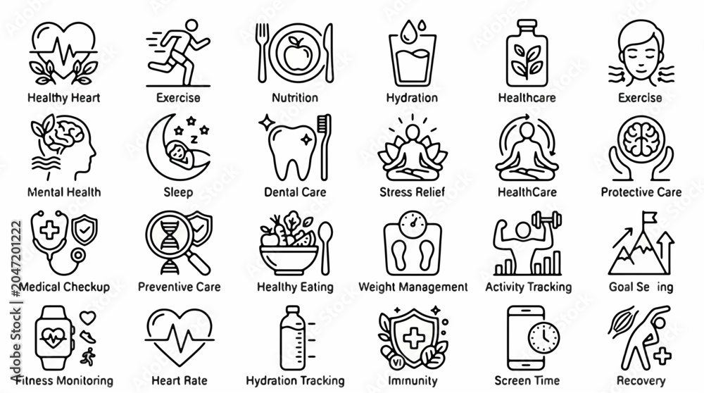Fototapeta premium Comprehensive collection of modern wellness and healthcare line icons for digital products, health applications, and lifestyle promotion