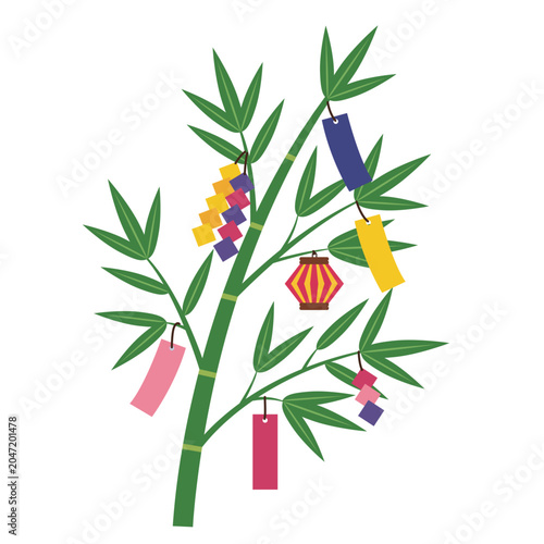 Tanabata Bamboo Tree with Colorful Decorations and Wish Cards, Japanese Star Festival Illustration