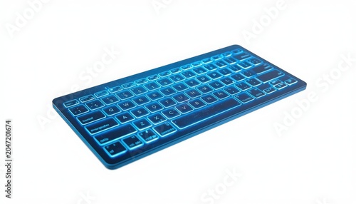 Blue illuminated keyboard on white background for computer or gaming