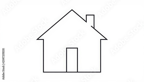 Simple line drawing of a house with a chimney and door isolated on white background