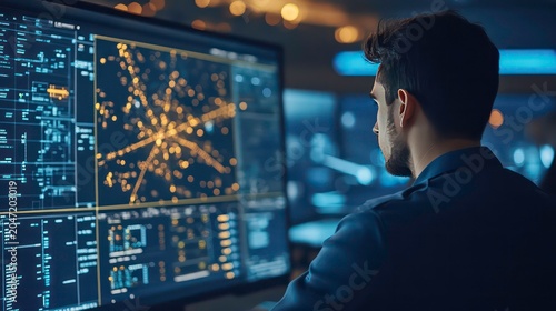 A young man works late at night in a dimly lit office, focused on the data displayed on a large monitor.