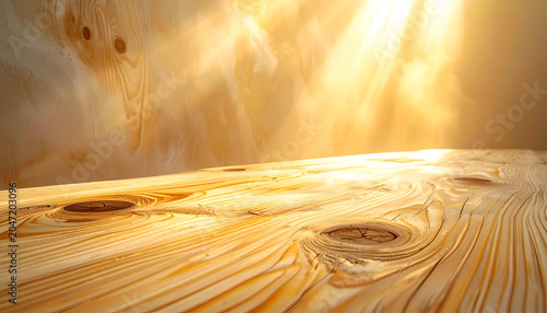Wooden surface with sun rays shining.