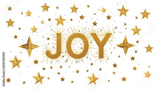 Golden stars and sparks forming the word joy on white background