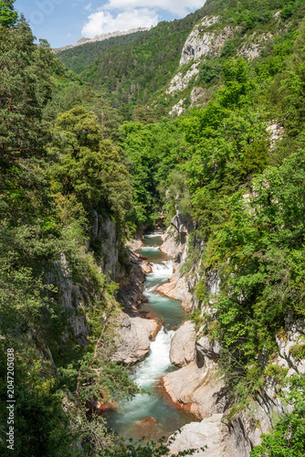 Boca del Infierno es una garganta-barranco de gran valor estético cerca de Siriesa, en el Valle de Hecho, Parque Natural de Los valles Occidentales, Pirineo Aragones, Huesca, Aragon, España 
