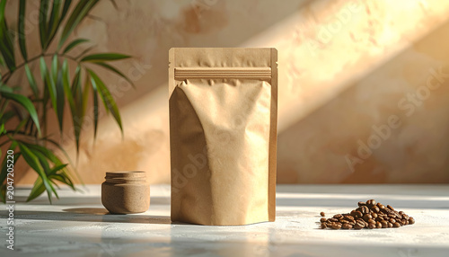 Brown coffee bag with coffee beans.