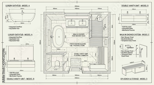 Cuadro en lienzo Detailed architectural layout of a luxury bathroom with furniture specifications