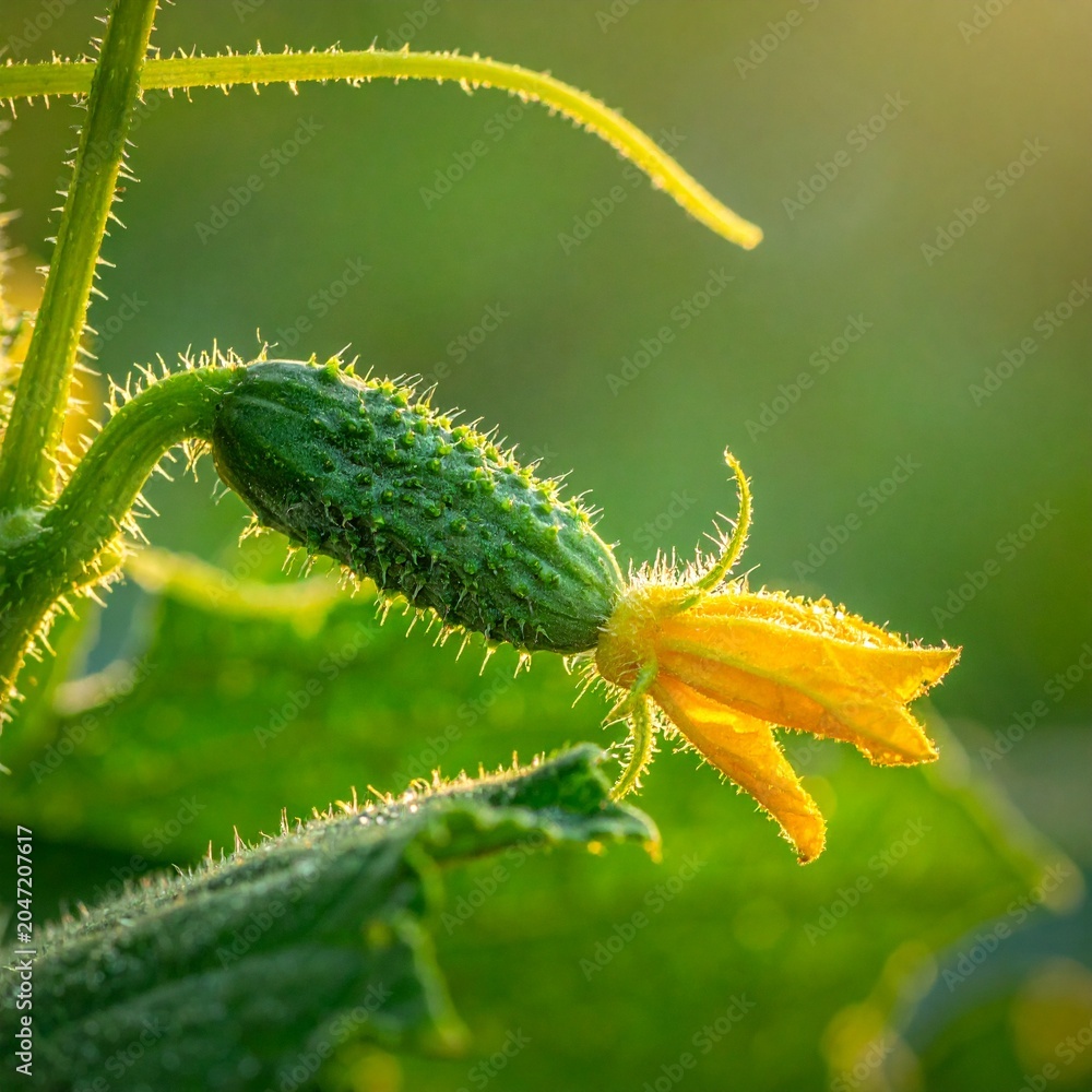 Fototapeta premium Young plant cucumber with yellow flowers. Juicy fresh cucumber close-up macro on a backgroun