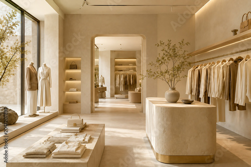 A bright  minimalist boutique interior displays clothing on racks and mannequins within a modern retail space.