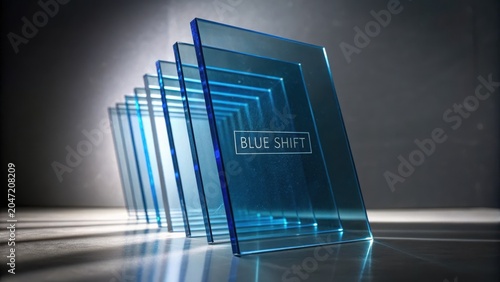 Artistic Arrangement of Glass Panels with Blue Shift Text Display