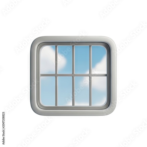 3D Rendered Square Window with Bars and Sky View.