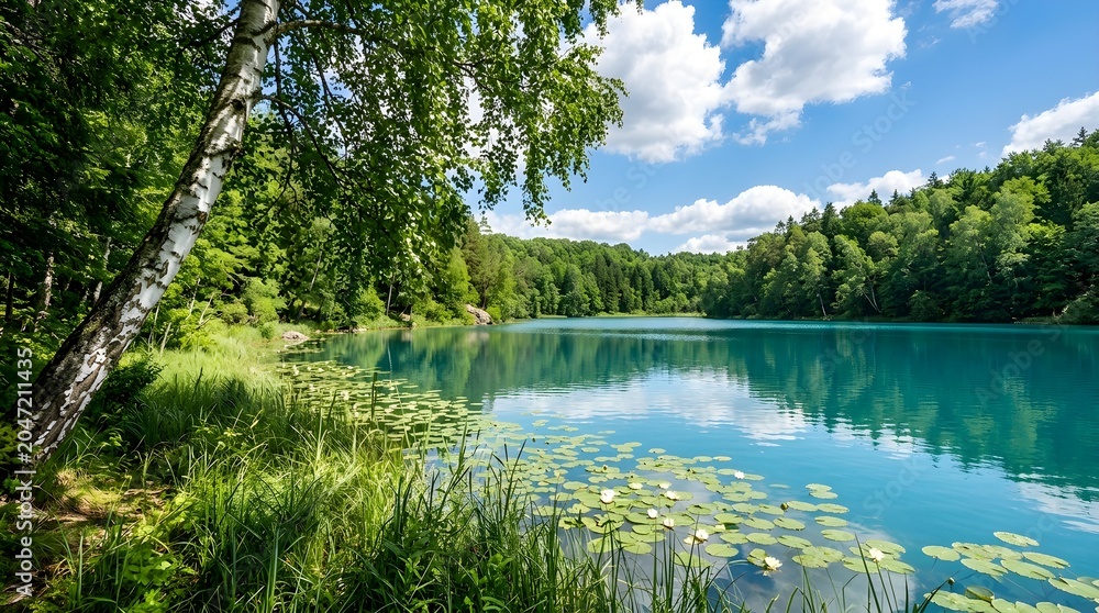 Fototapeta premium Pristine turquoise lake in deep green forest with birch tree and water lilies