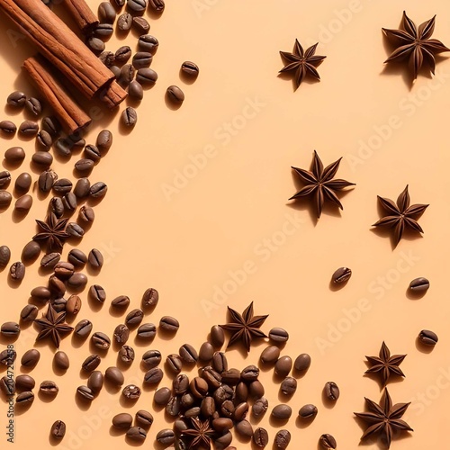 Minimalist flat lay of roasted coffee beans with cinnamon and star anise on beige background