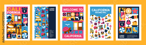 Geometric California Poster Set with Typography, Abstract Travel and Nature Symbols, Design Templates