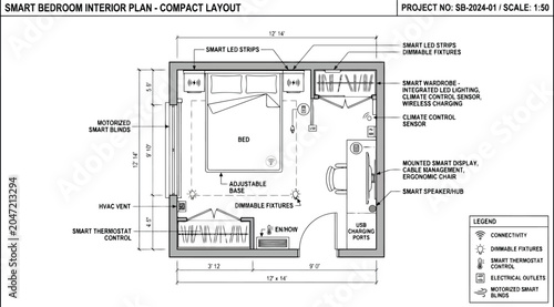Canvastavla Detailed interior plan of a compact smart bedroom with integrated technology and