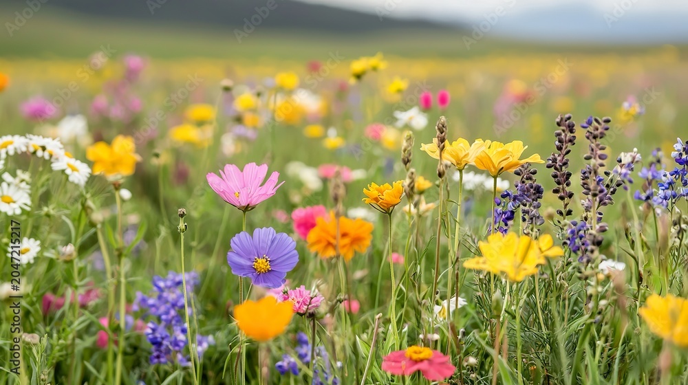 Obraz premium Wildflower meadow in full bloom, colorful, vibrant, natural beauty,