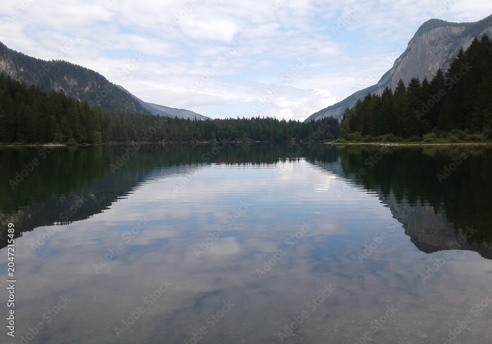 Fototapeta premium Calm Lake Reflecting Majestic Mountains and Forest