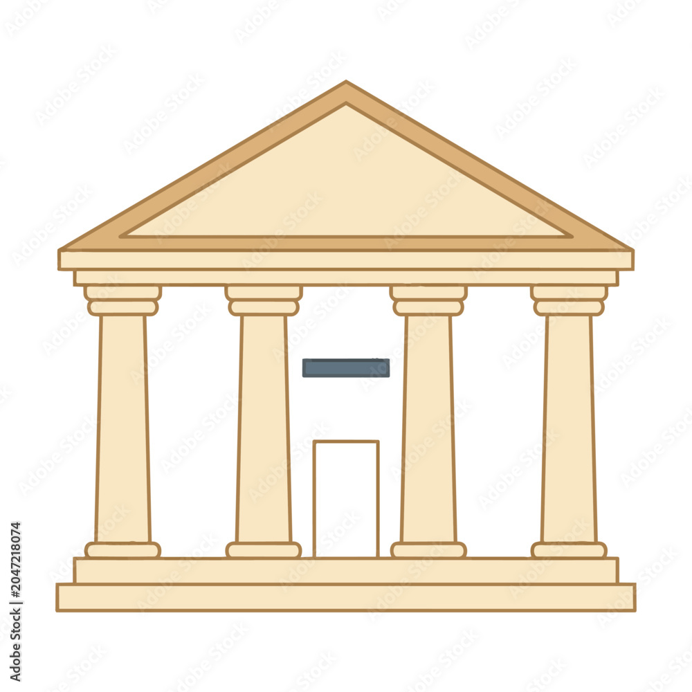 Fototapeta premium Minimalist line art of a classical bank building with symmetrical columns and a pediment isolated on a white background, financial institution concept