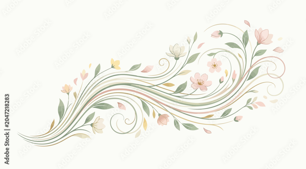 Fototapeta premium Elegant floral swirl composition with soft pastel flowers and leaves