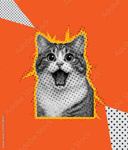 Halftone Cat Illustration – Surprised Expression Comic Style Pop Art  Vector with Dotted Texture and Vibrant Orange Background