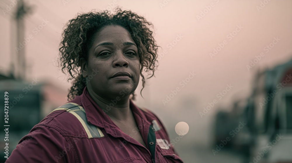 Fototapeta premium Wildfire Smoke Worker Young Black Plus Size Woman Transit