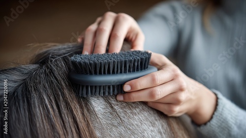 Grooming a horse with a brush, close-up of the animal's mane and a person's hands