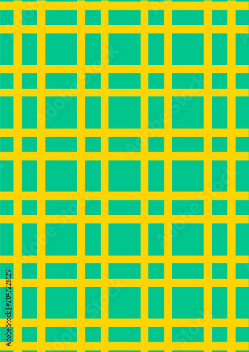 A vertical digital illustration showcasing a vibrant and geometric seamless plaid pattern. The repeating composition features a grid network of intersecting horizontal and vertical bright yellow strip