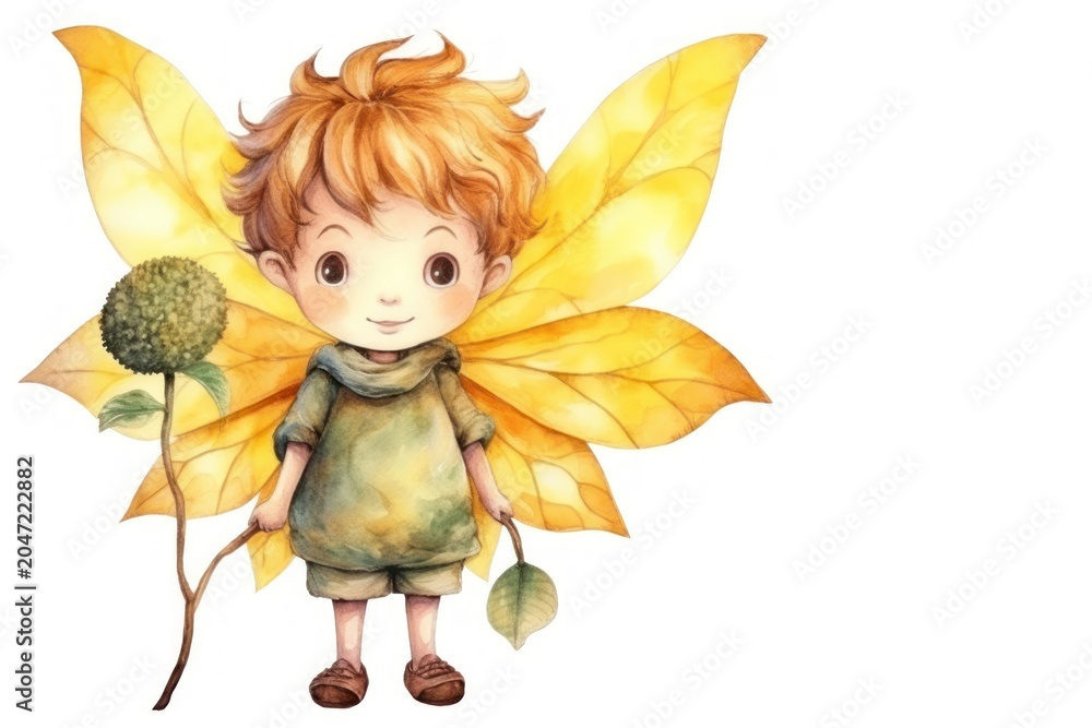 Fototapeta premium Cute sunflower boy fairy plant leaf representation.