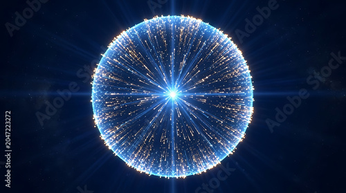 Vibrant blue energy sphere radiating luminous particles, an abstract cosmic explosion