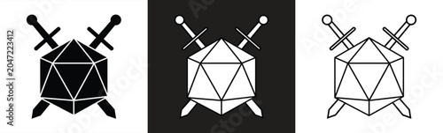 Crossed swords icon with 20-sided dice / d20 or 20d for apps and websites. vector illustration