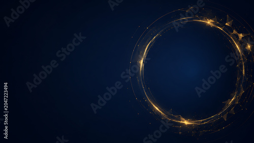 Abstract glowing golden ring with particles on a dark blue background, futuristic and elegant
