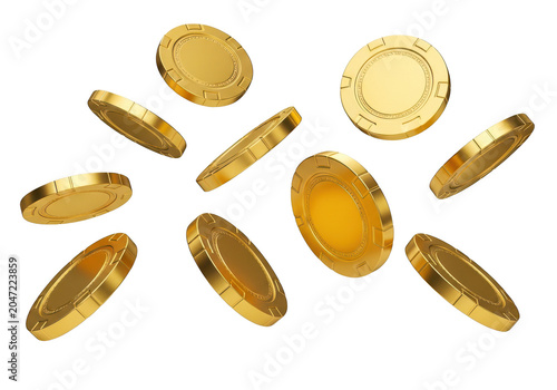 Scattered gold casino chips floating dynamically in air isolated on transparent background, high angle view, realistic 3d rendering.