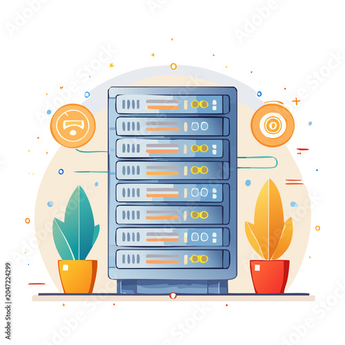 Flat design server rack with plants and data icons
