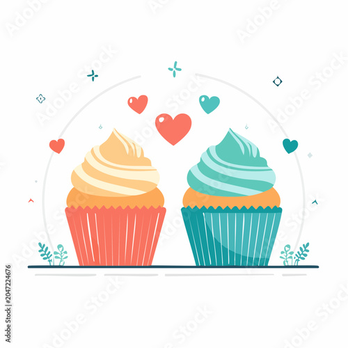 Two Cupcakes with Hearts and Swirls