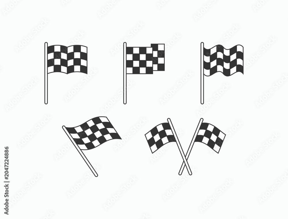 Obraz premium Five checkered flags in black and white designs. Flags flutter in various angles and positions. Simple lines suggest motion and excitement. Ideal for racing, sports, or competition themes