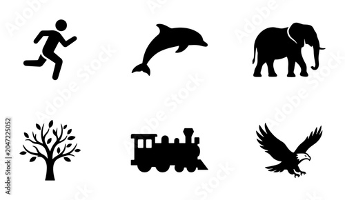 Photos Diverse Silhouette Icons: Running Man, Dolphin, Elephant, Tree, Train, Eagle, Ve